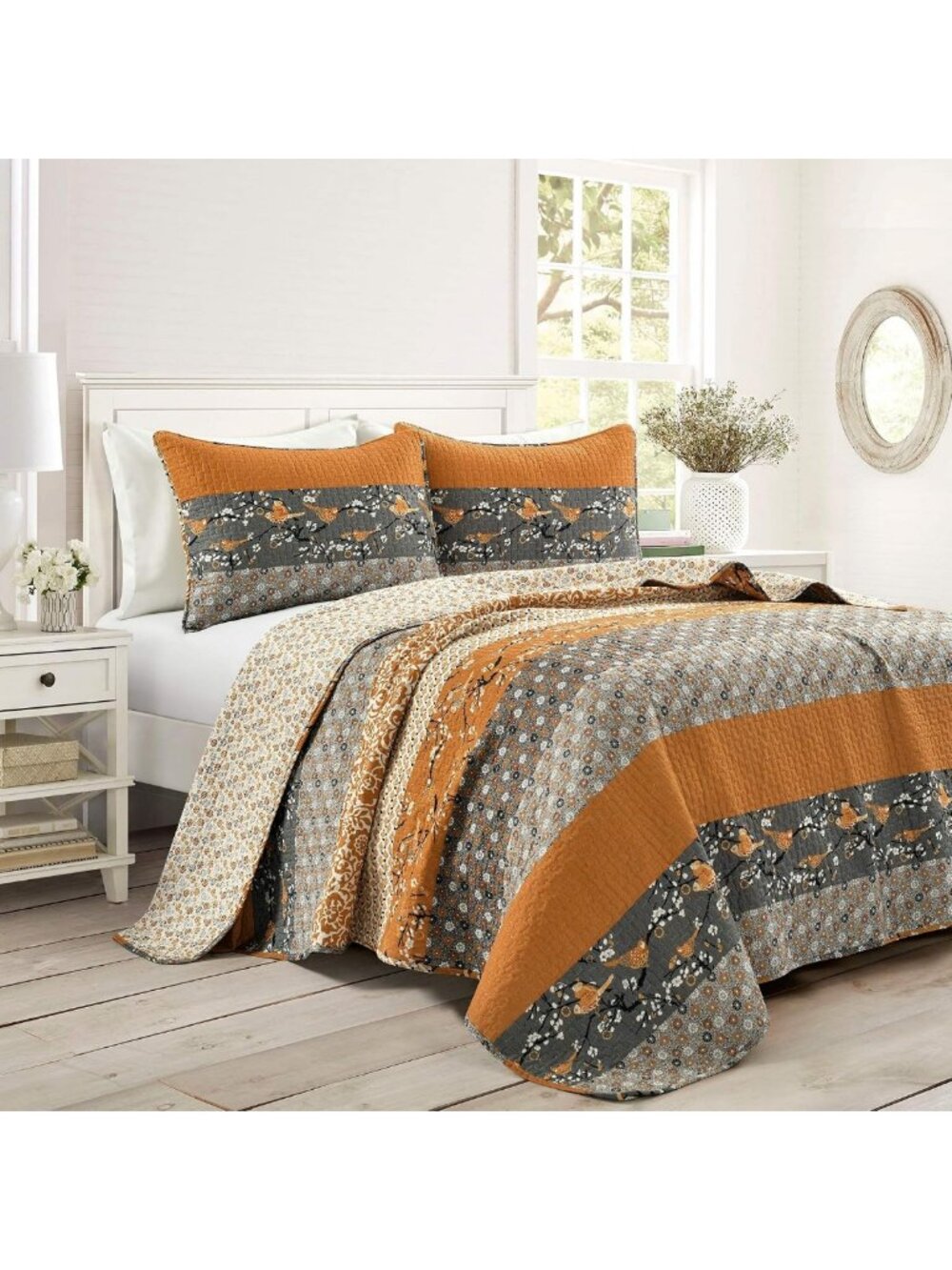 Reversible Cotton Quilt Set - 3 Piece Full/Queen Bedding - Yellow & Gray